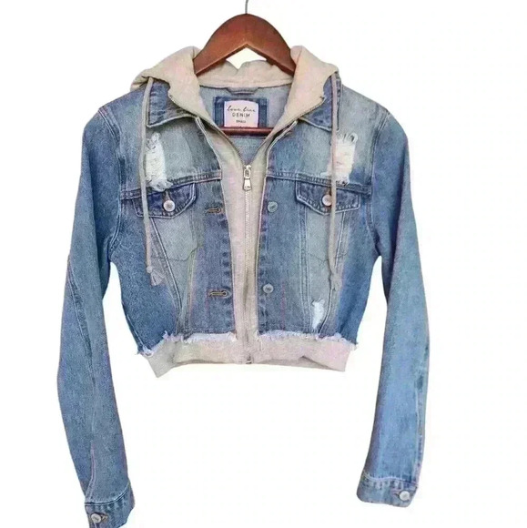 Love Tree Distressed Cropped Blue Jean Jacket - Picture 1 of 5